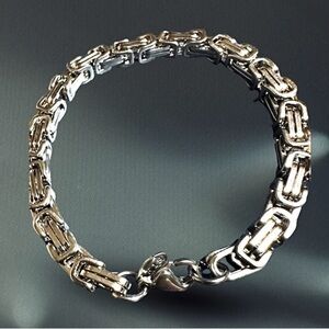 Big men Vermeil 18k white Gold Chain 10” Byzantine Style Link Bracelet stamped